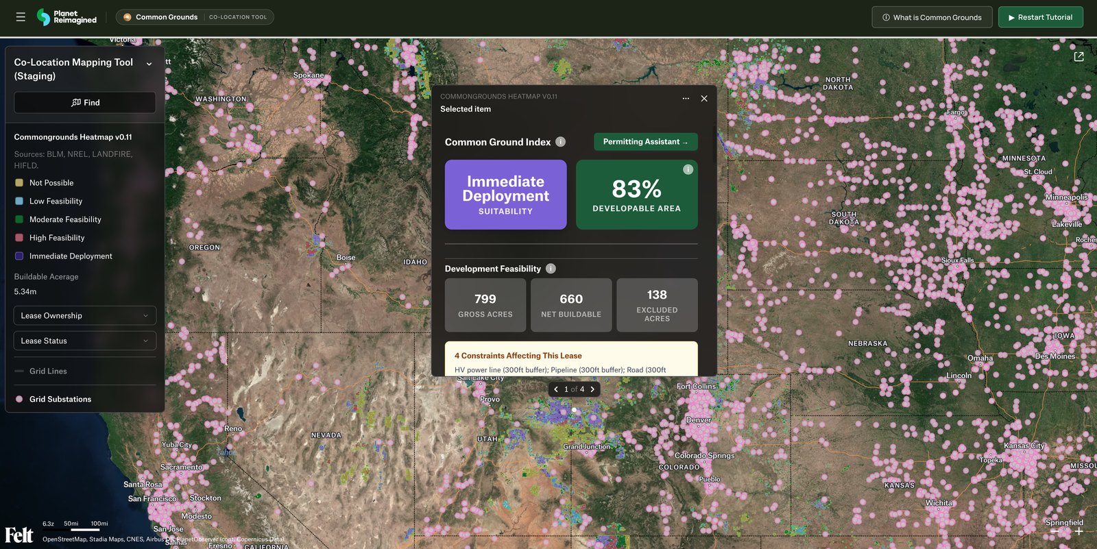 Common Grounds co-location tool — lease detail showing Common Ground Index, developable acreage, and constraints